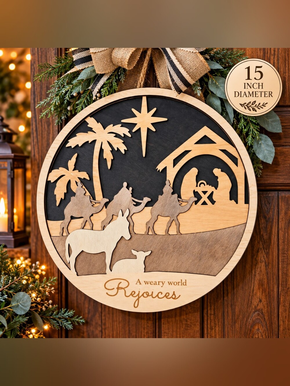 Handmade Wooden Nativity Wall Door Hanger - Rejoices - Rustic Black and Natural